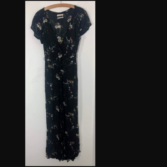 UO Marie Prairie Wrap Jumpsuit Black Floral Pants - Picture 5 of 8